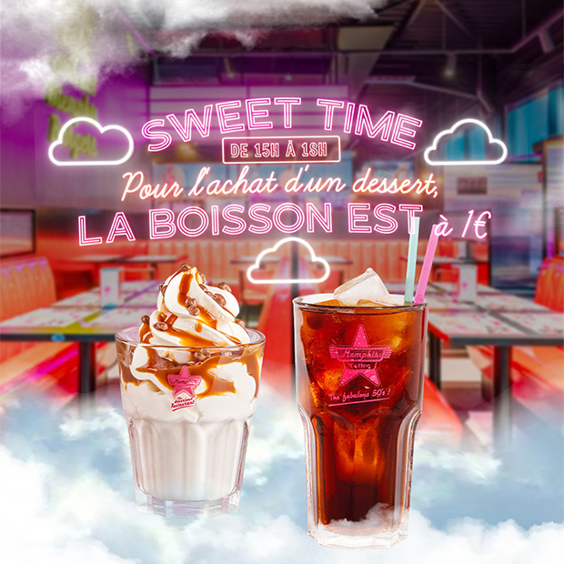 Sweet time | Memphis Villars : les mercredis et samedi après-midi de 15h à 18h.  Pour l’achat d’un dessert, la boisson est à seulement 1€.