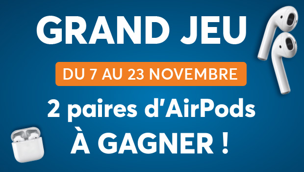 Participez à notre grand jeu pour tenter de gagner deux paires d'airpods Apple, du 7 au 23 novembre 2025, dans votre centre commercial Aushopping Blois Vineuil