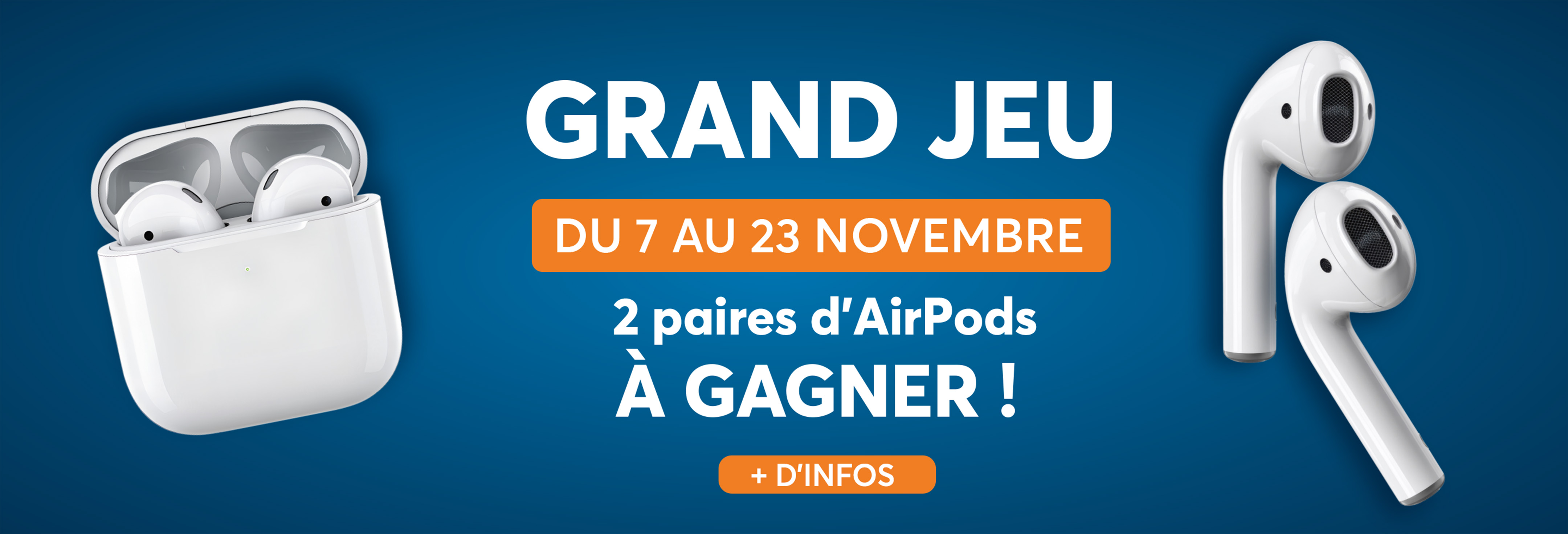 Profitez d'un grand jeu concours du 7 au 23 novembre pour tenter de gagner deux paires d'airpods dans votre centre commercial Aushopping Blois Vineuil