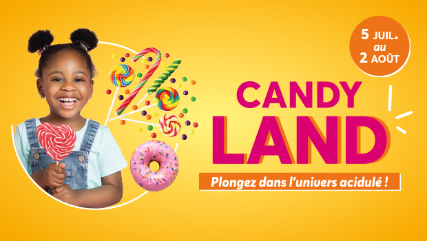 Bienvenue à candy land, une animation aux couleurs acidulées du 5 juillet au 2 août dans votre centre commercial Aushopping Mantes Buchelay