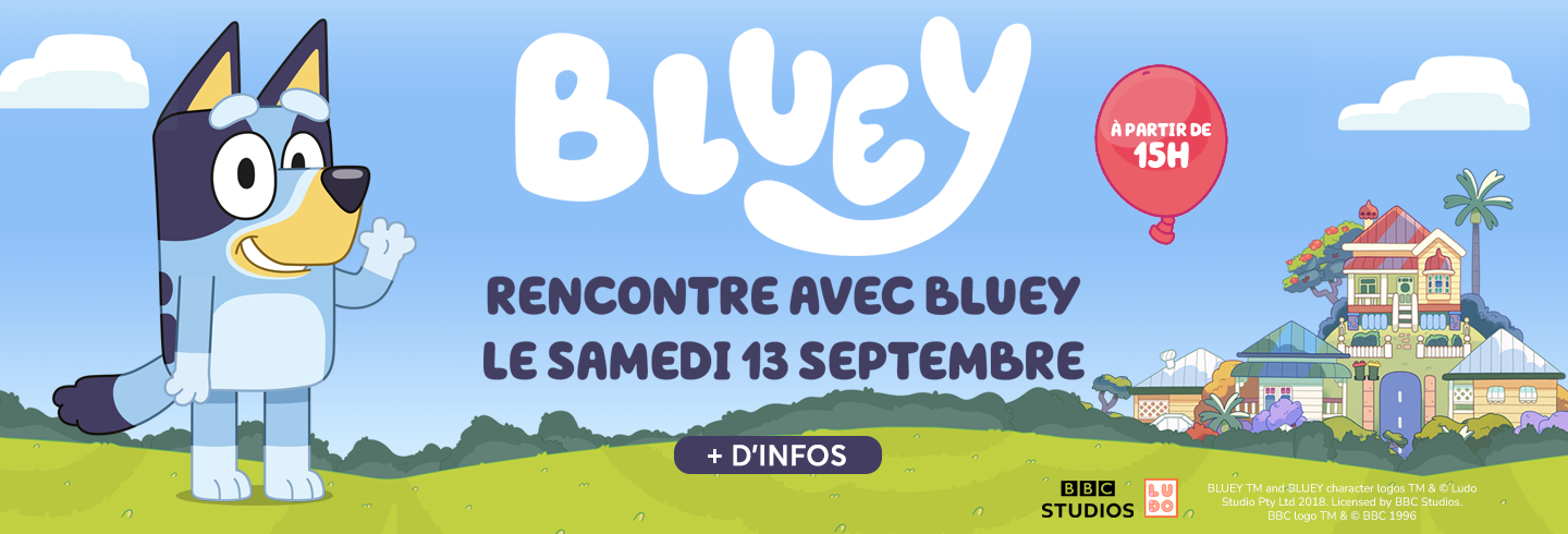 Venez à la rencontre de Bluey le samedi 13 septembre à partir de 15H au centre commercial Aushopping de Mantes Buchelay