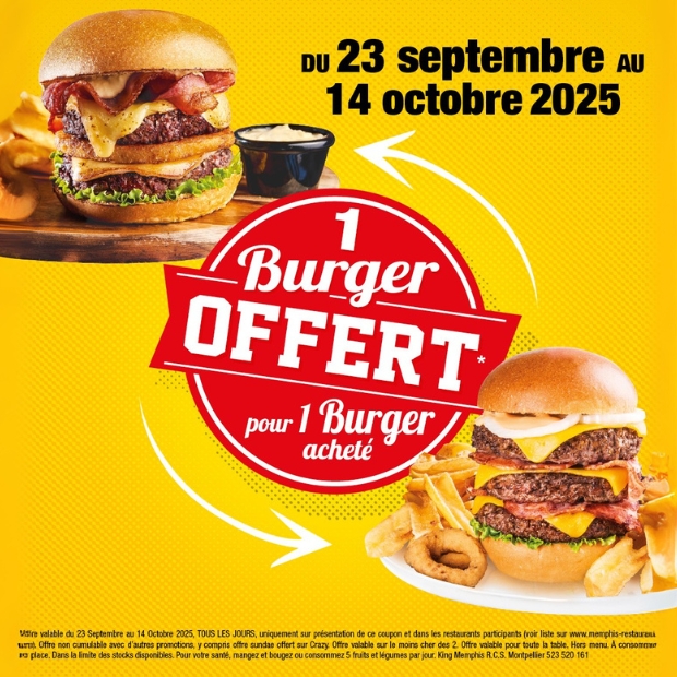 Memphis, 1 burger offert pour 1 burger acheté
