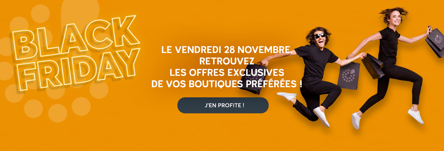 Bannière Black Friday avec deux personnes sautant avec des sacs de shopping et message annonçant les offres exclusives des boutiques le vendredi 28 novembre.