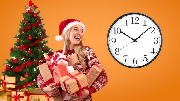 Ouvertures exceptionnelles période de décembre et Noël - Sapin et femme portant des cadeaux