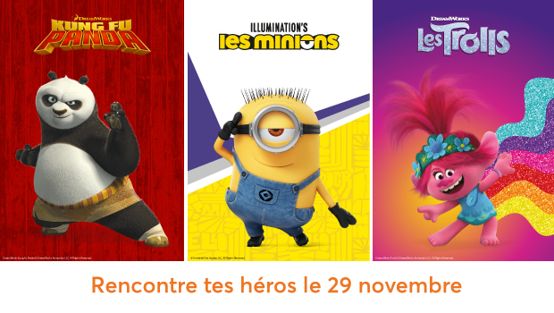 parade mascottes universal avec kung fu panda, les minions et les trolls à villeneuve d'ascq aushopping V2