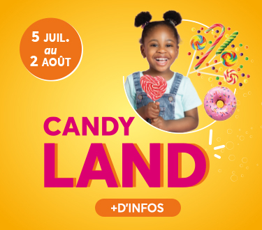 Bienvenue à candy land, une animation aux couleurs acidulées du 5 juillet au 2 août dans votre centre commercial Aushopping Mantes Buchelay