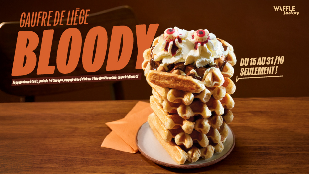 Chez Waffle Factory, découvrez la gaufre de Liège Bloody Choco disponible du 15 au 31 octobre.