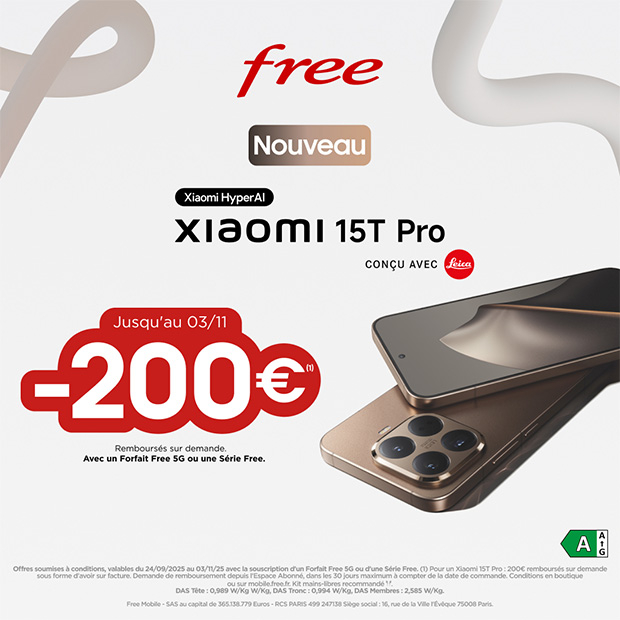 Offre chez Free sur le Xiaomi 15T Pro : 200€ remboursés*